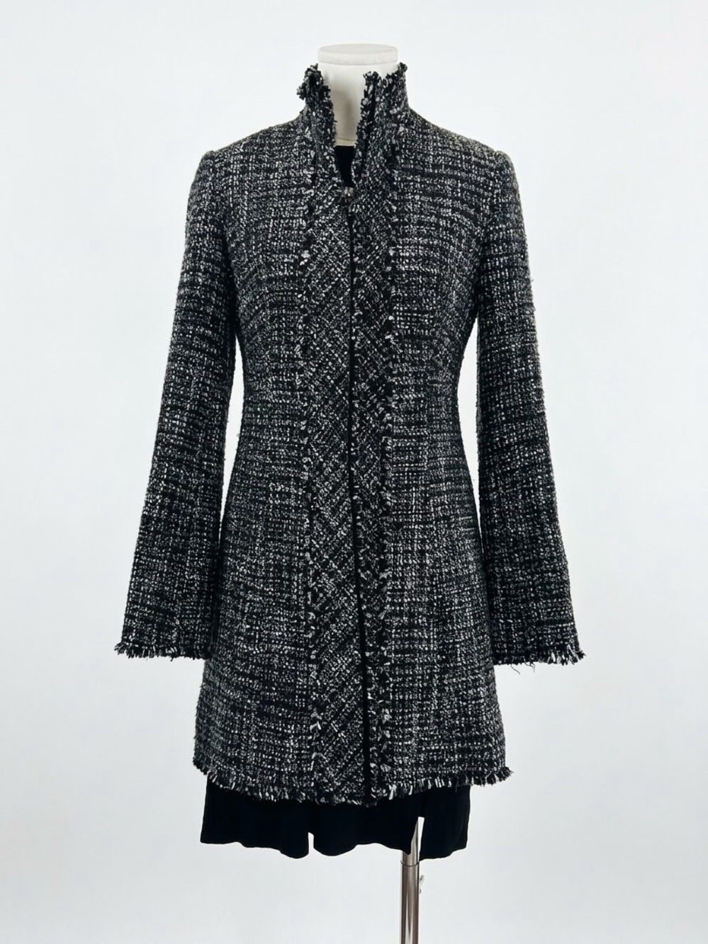 Vintage White House Black Market Tweed Fringe Zip Front Coat Jacket Size 0